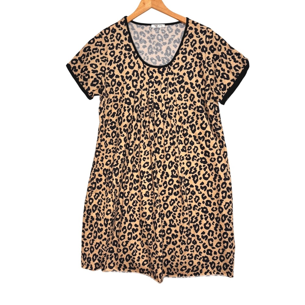Ekouaer Sleep Dress Womens L Leopard Print Short Sleeve Scoop Neck Pleat Stretch
